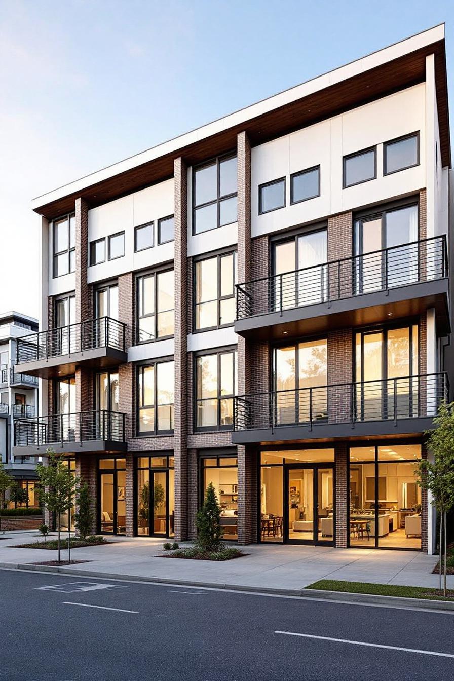 Modern residential building with large windows and balconies