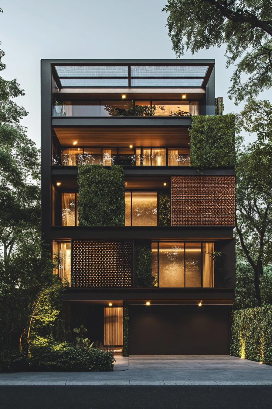 Modern multi-story building with greenery on its facade