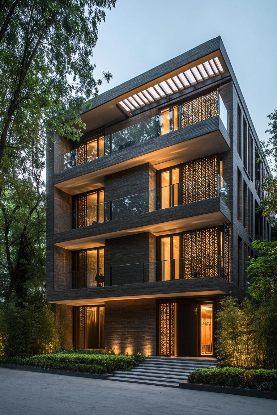 Modern residential building with unique architectural details and ambient lighting