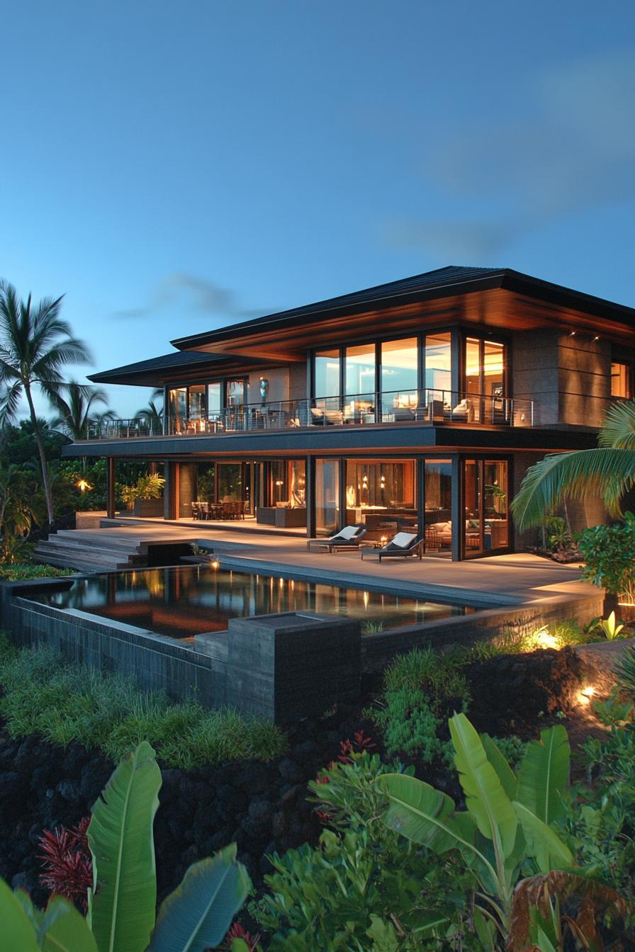 Luxurious tropical house with a pool at dusk