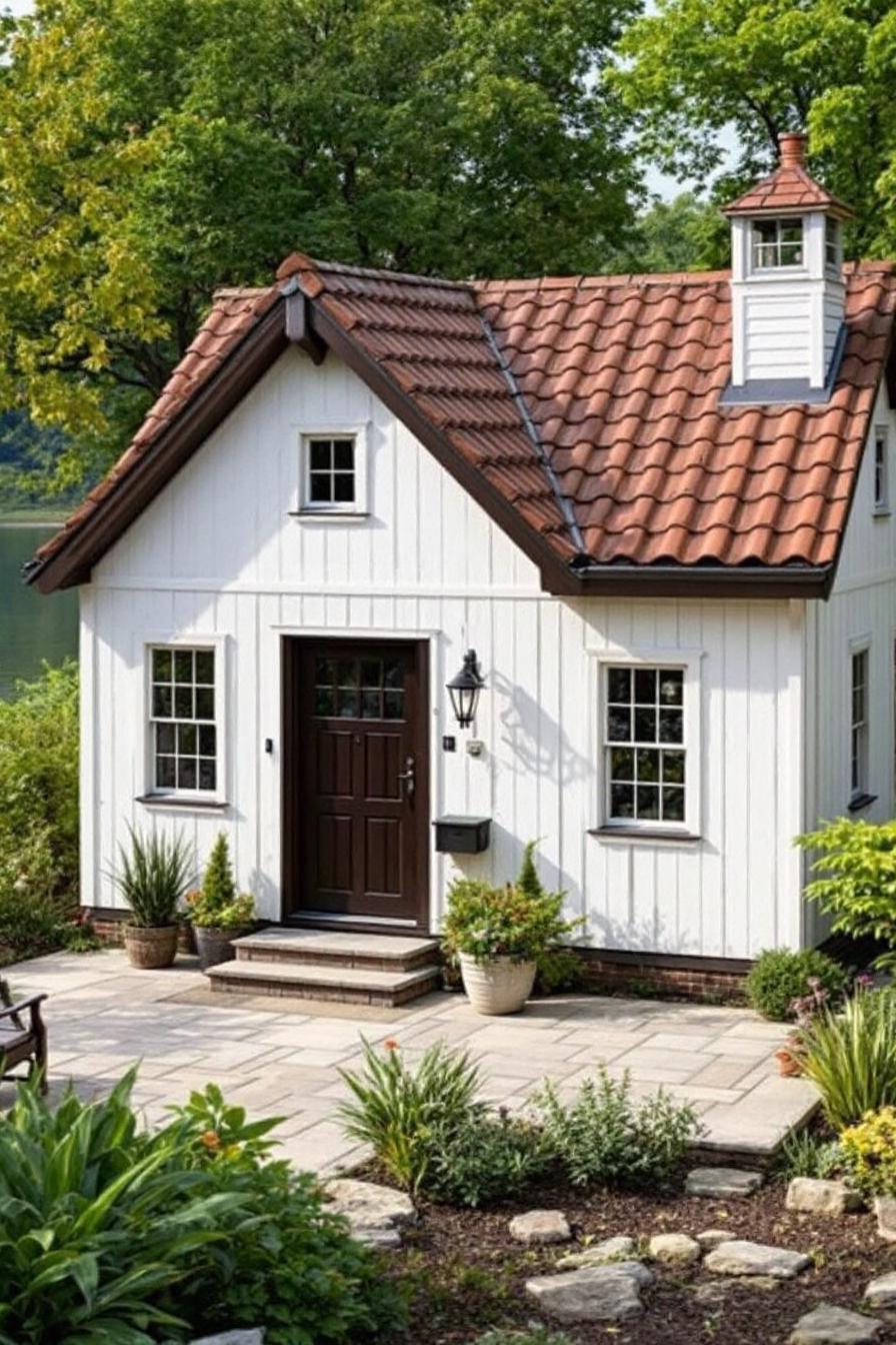 White cottage with a brown roof surrounded by lush greenery