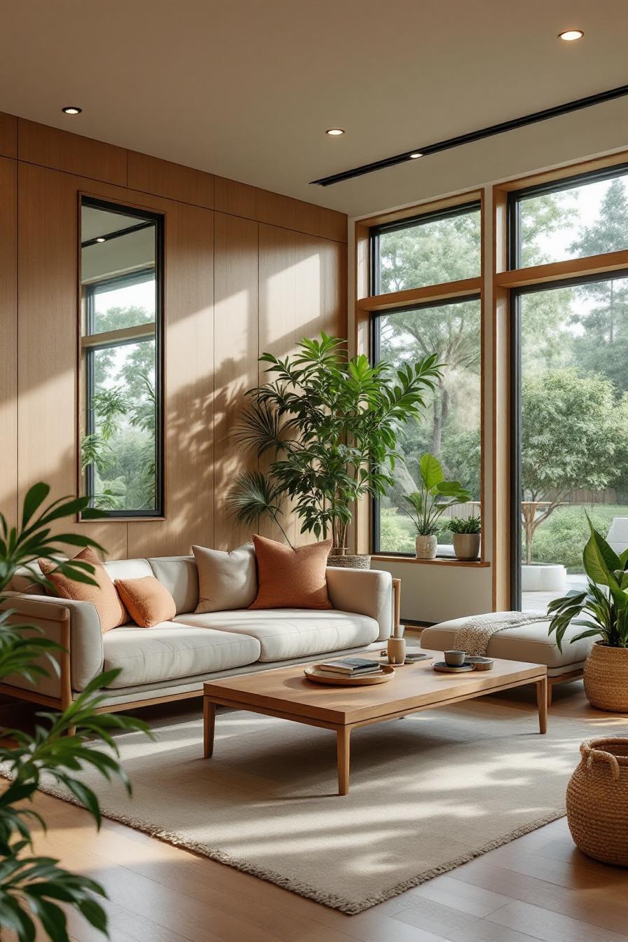 Bright room with plants and wooden accents