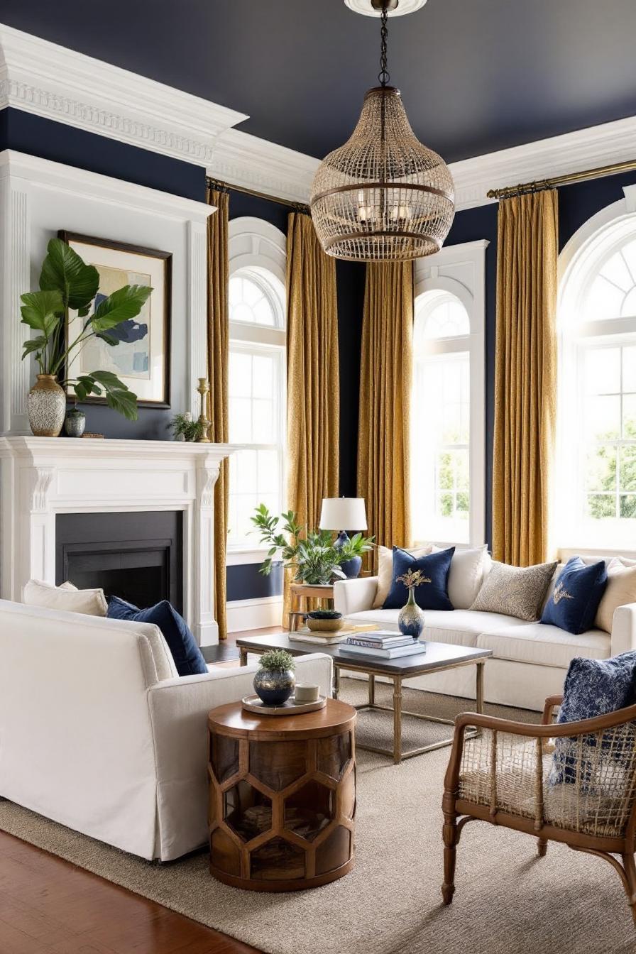 Elegant colonial living room with white sofas and gold curtains