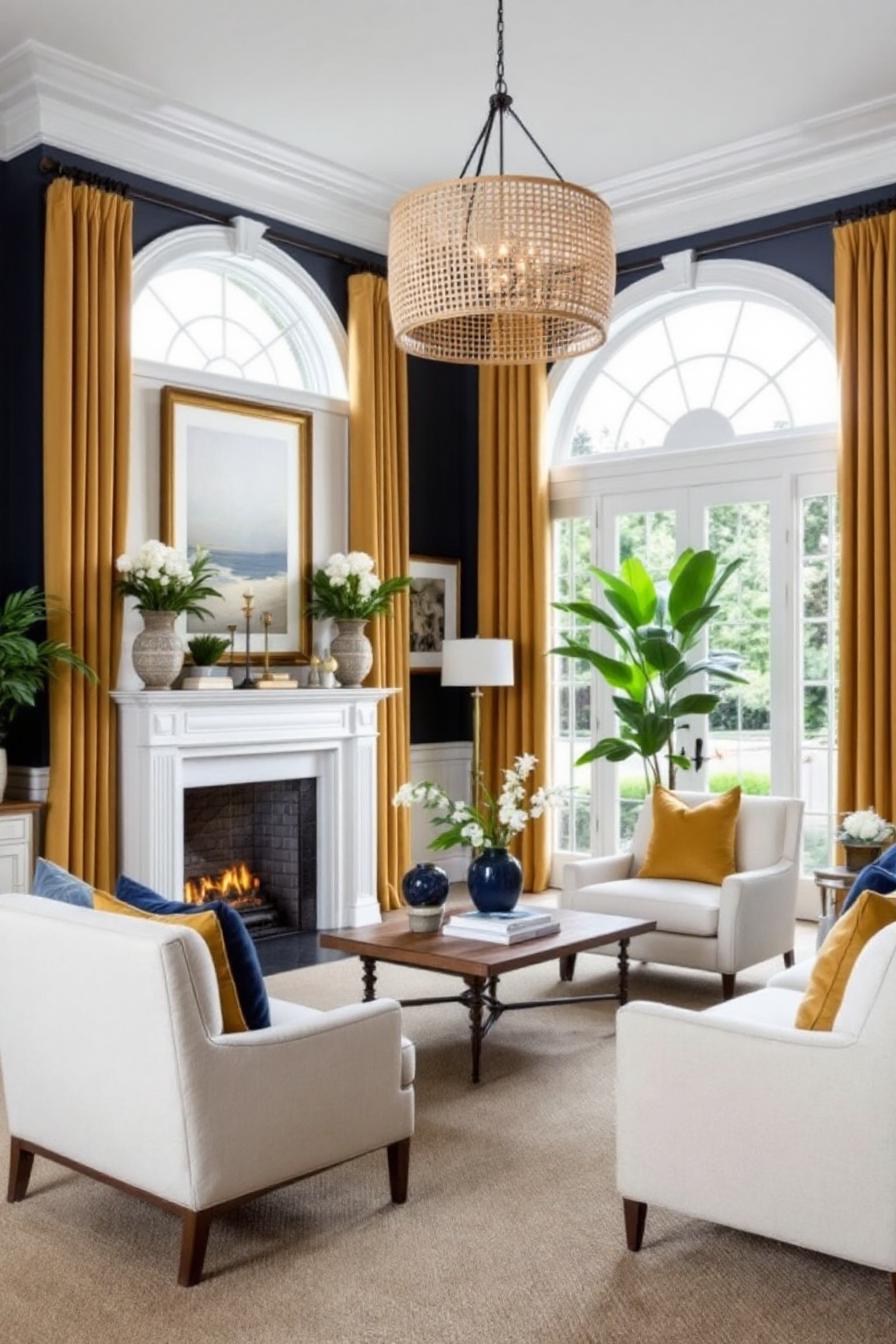 Stylish colonial living room with golden curtains and fireplace