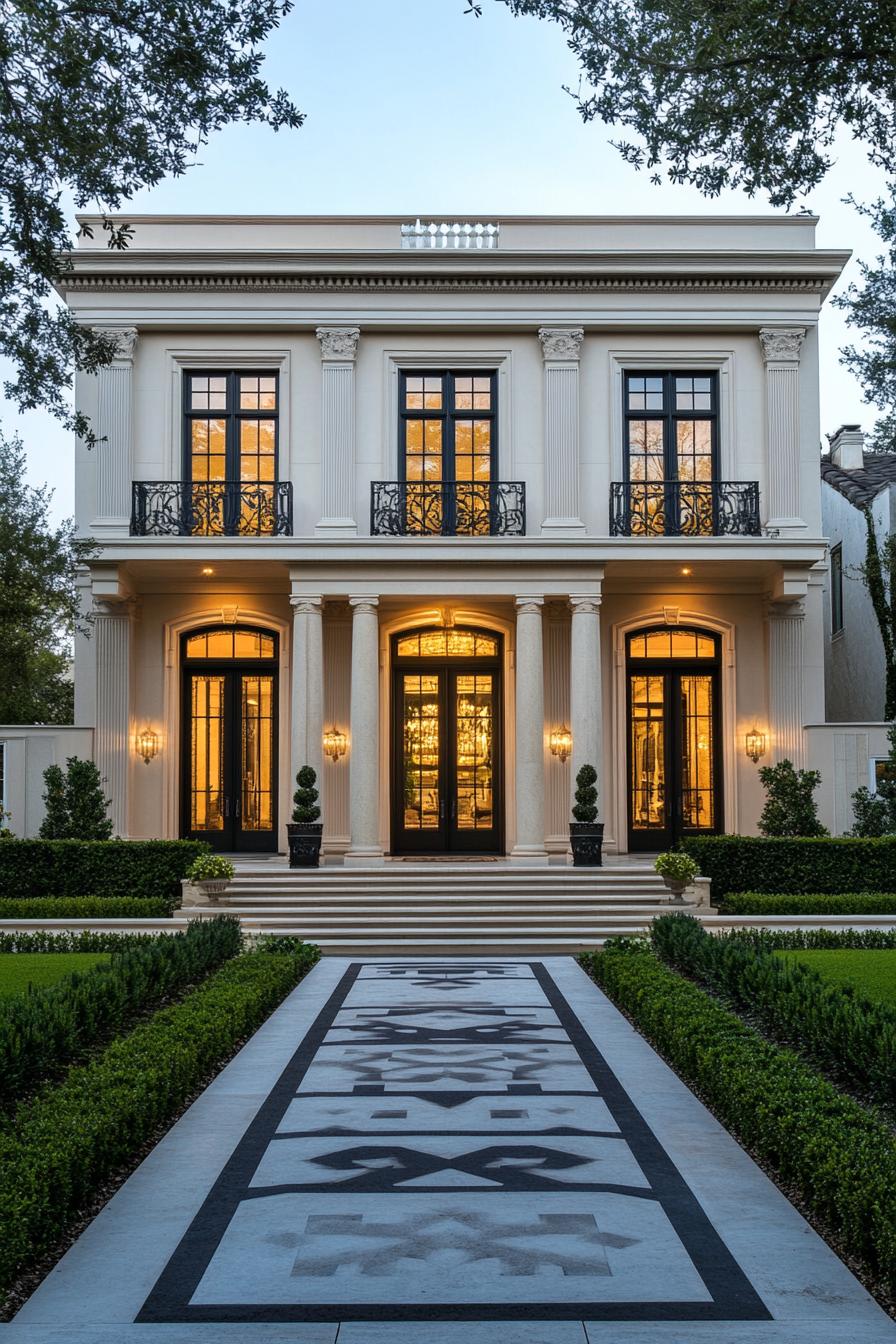 Grand two-story mansion with columns and large windows