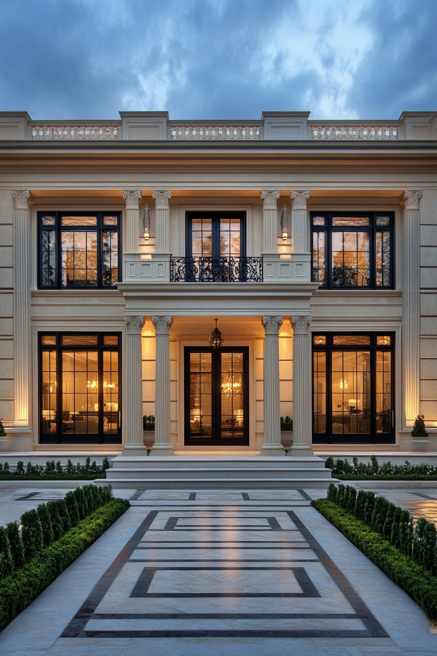 Grand house with elegant, glowing facade and pillars