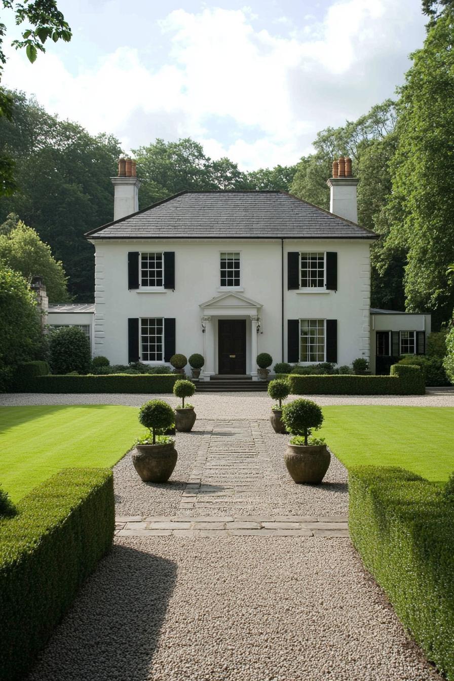 A white Georgian house with black shutters and a manicured garden