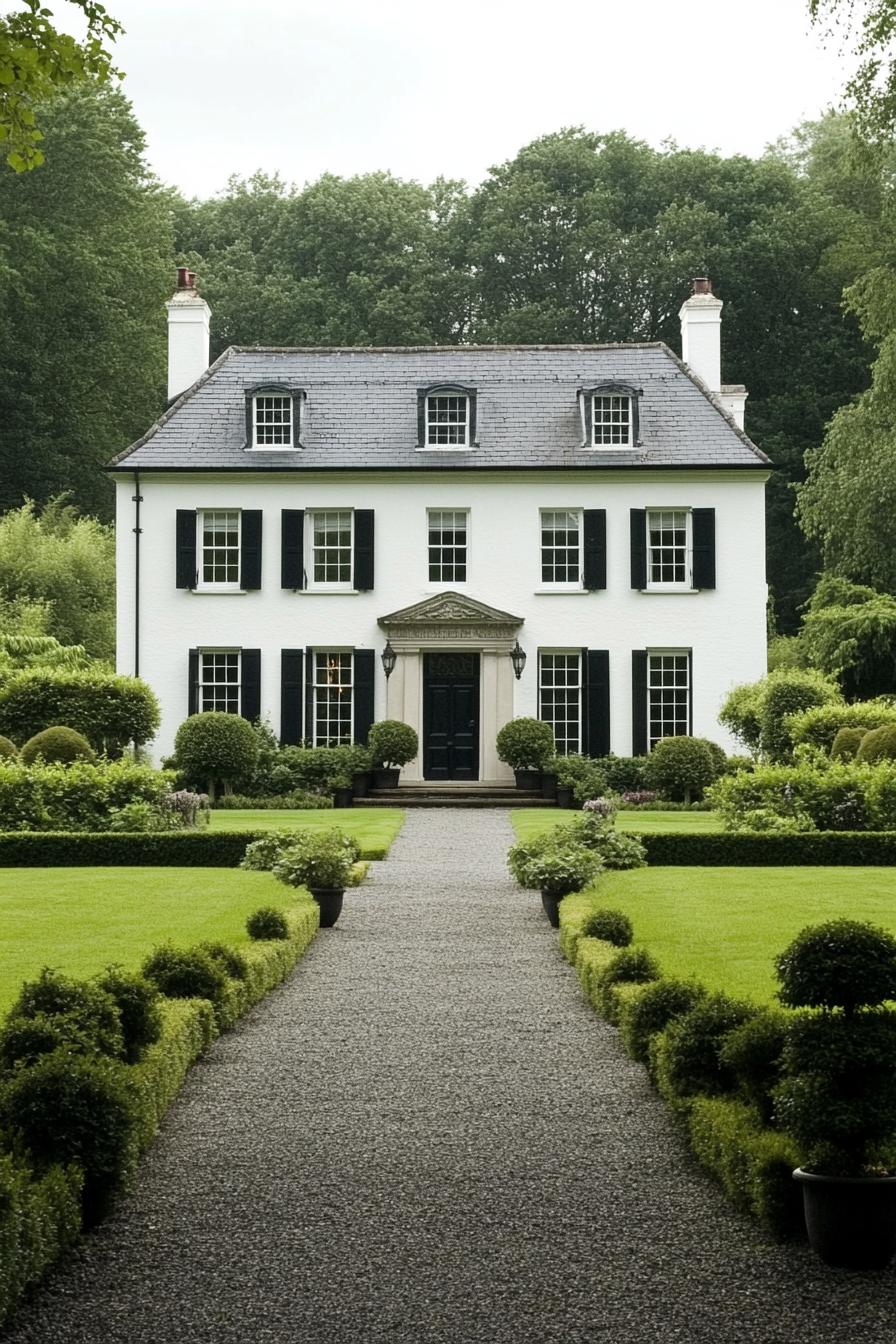 White Georgian house with black shutters and lush garden