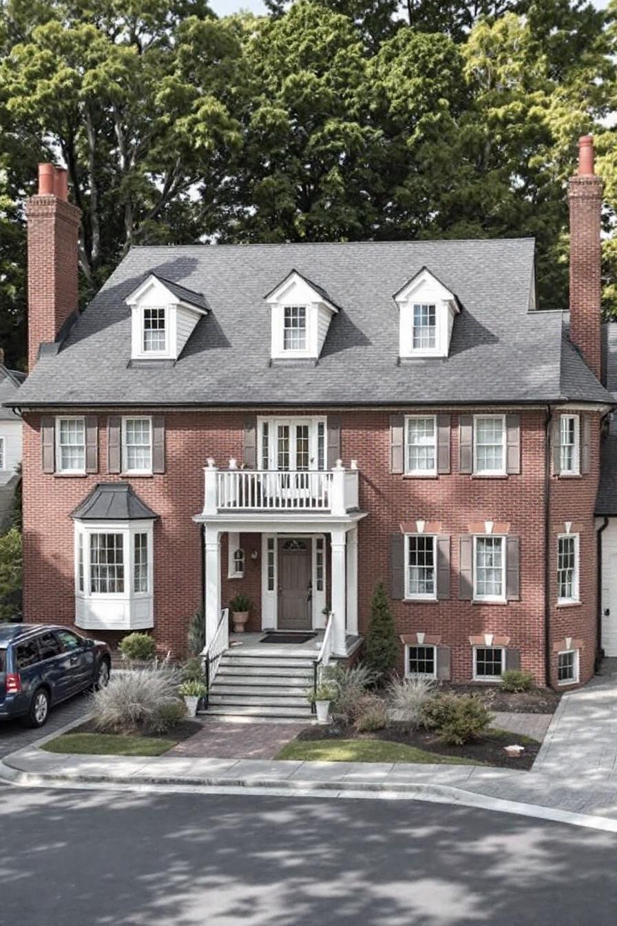 Charming Georgian home with a central porch and classic dormers