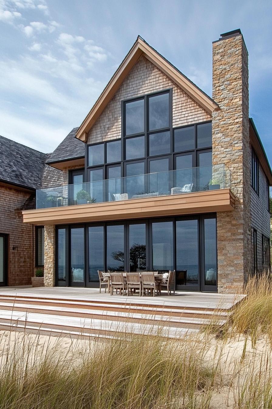 Coastal home with large windows and stone chimney