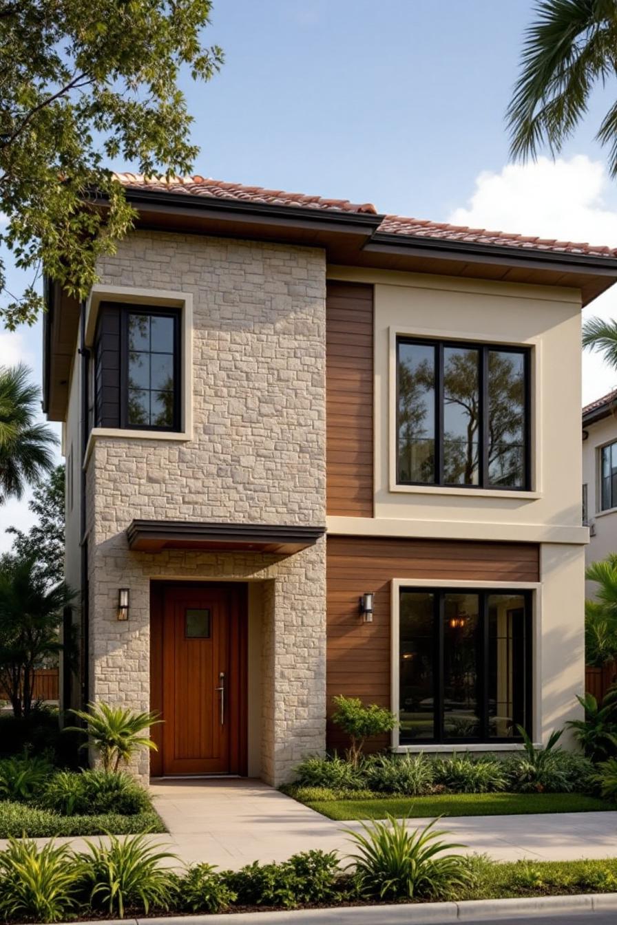 Modern house exterior with palm trees