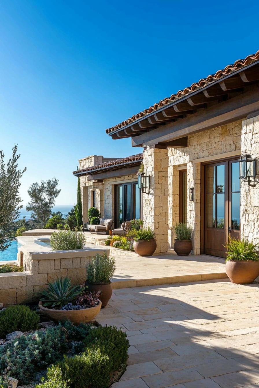 Elegant stone-clad Mediterranean house with terracotta roof