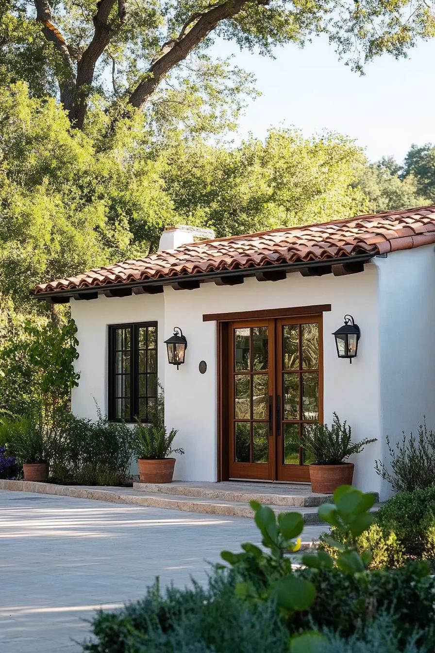 Spanish bungalow with terracotta roof surrounded by greenery