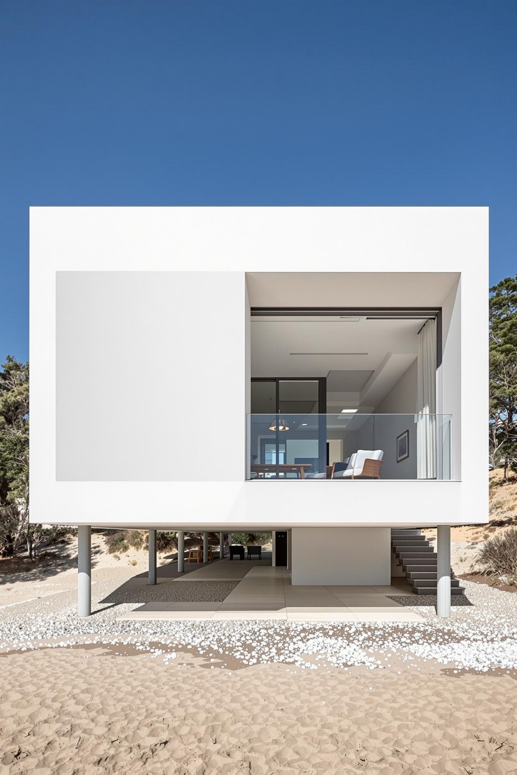 Modern white beachfront house on stilts with large windows