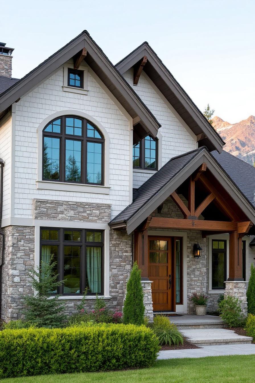 Elegant house with stone facade and peaked roof