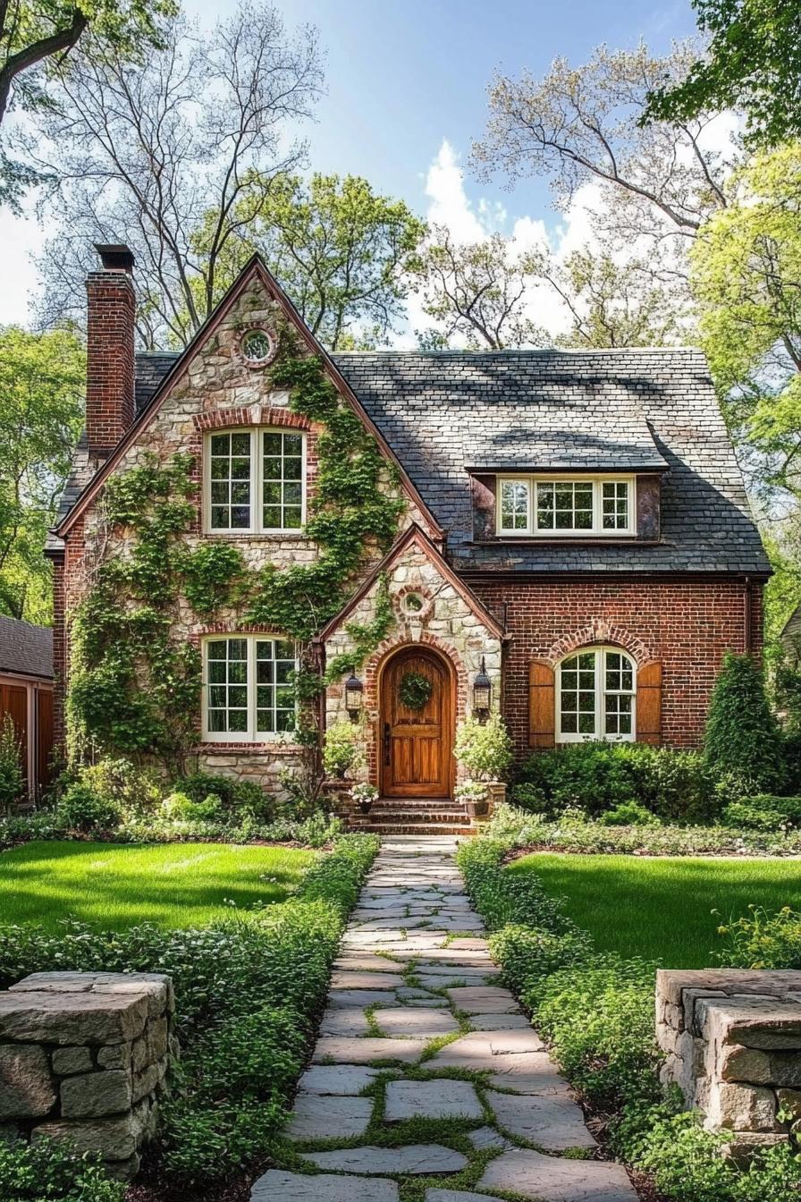 Charming brick cottage with arched wooden door and ivy