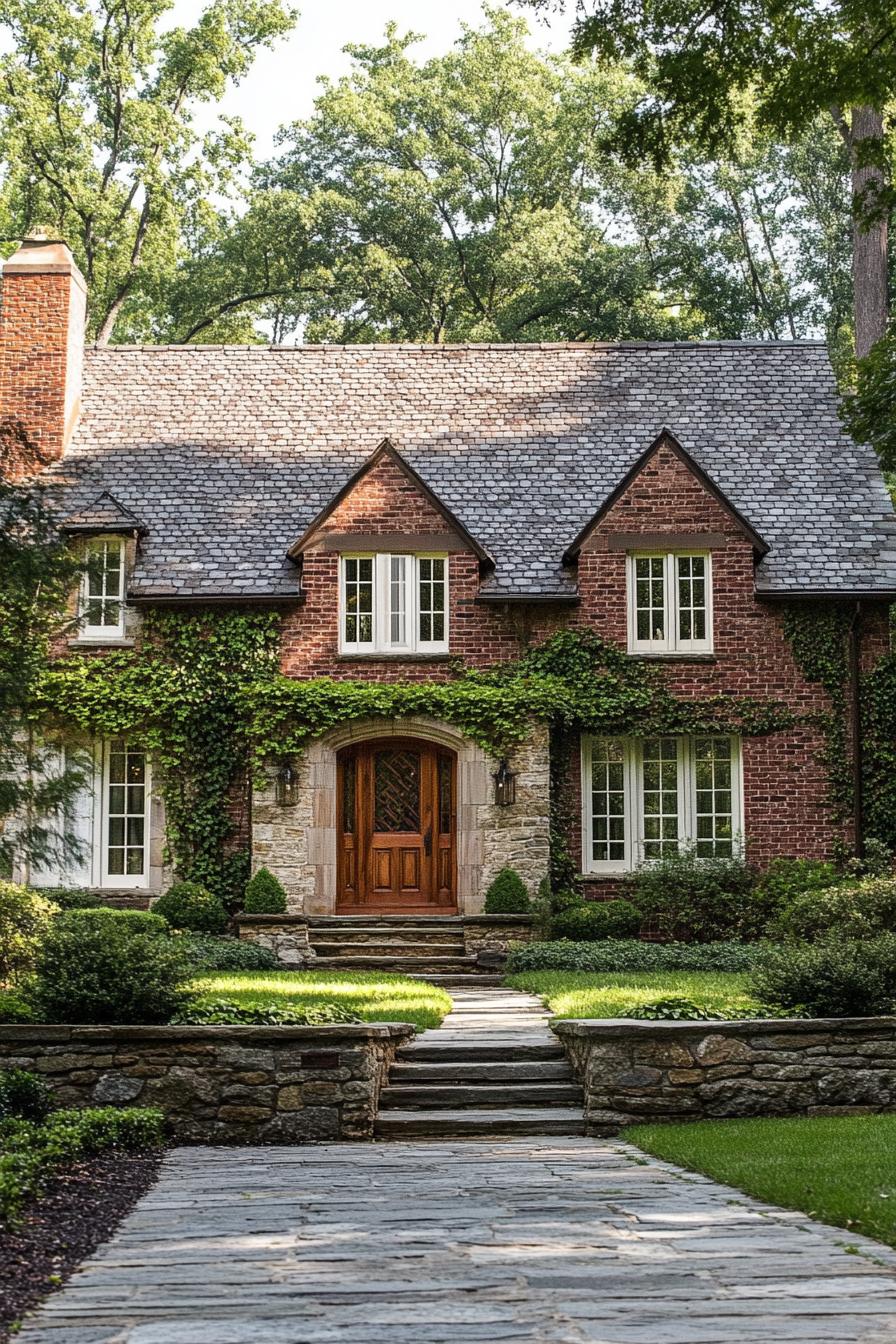 Quaint brick cottage adorned with ivy