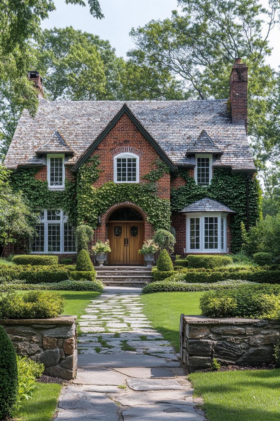 Brick cottage with lush greenery and welcoming entrance