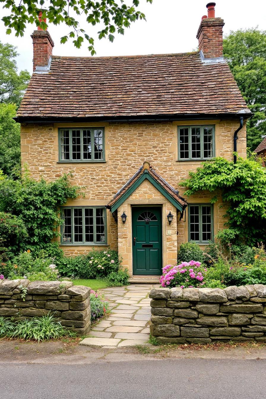 Quaint stone cottage with green door and floral surroundings