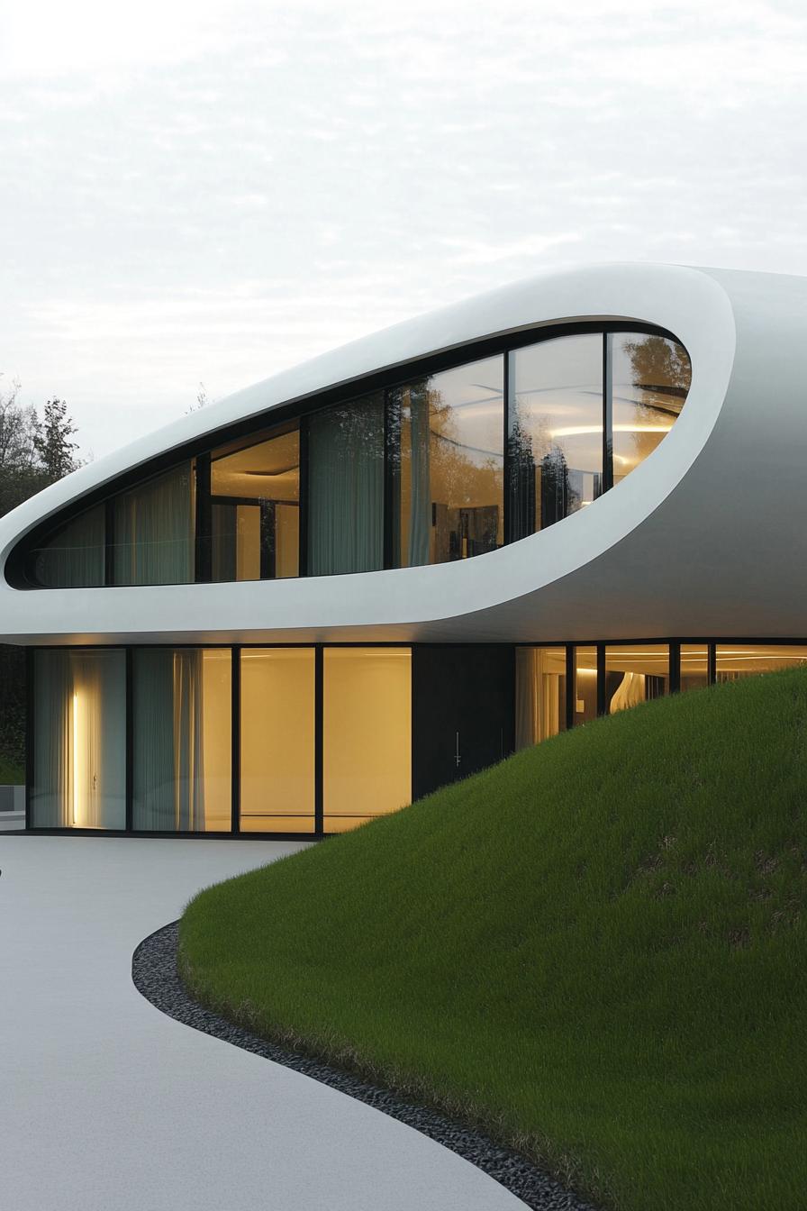 Sleek, modern home with large windows and curved design