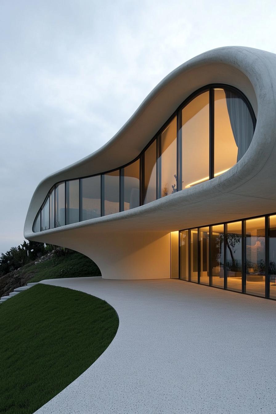 A futuristic home with sweeping curves and large glass windows