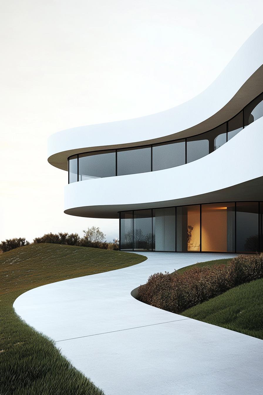 Modern house with curving architecture and glass walls