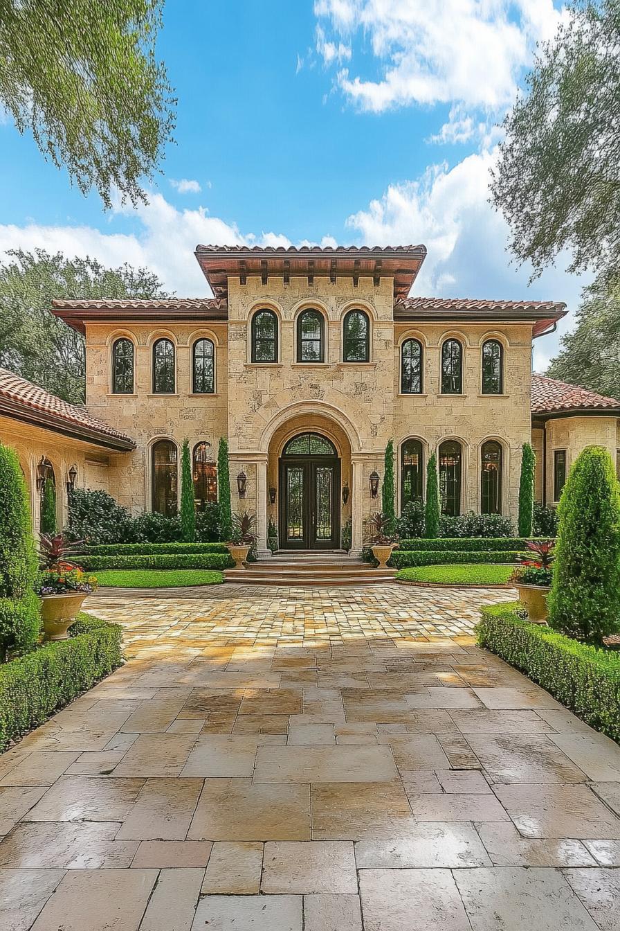 Mediterranean villa with arched windows and lush greenery