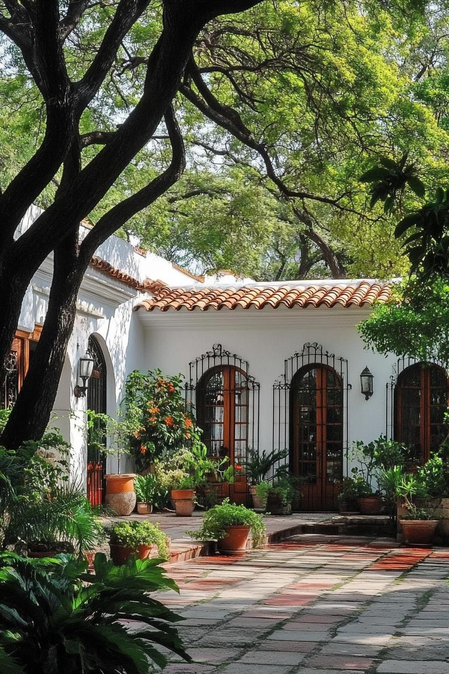 White-walled home surrounded by greenery and terracotta tiles