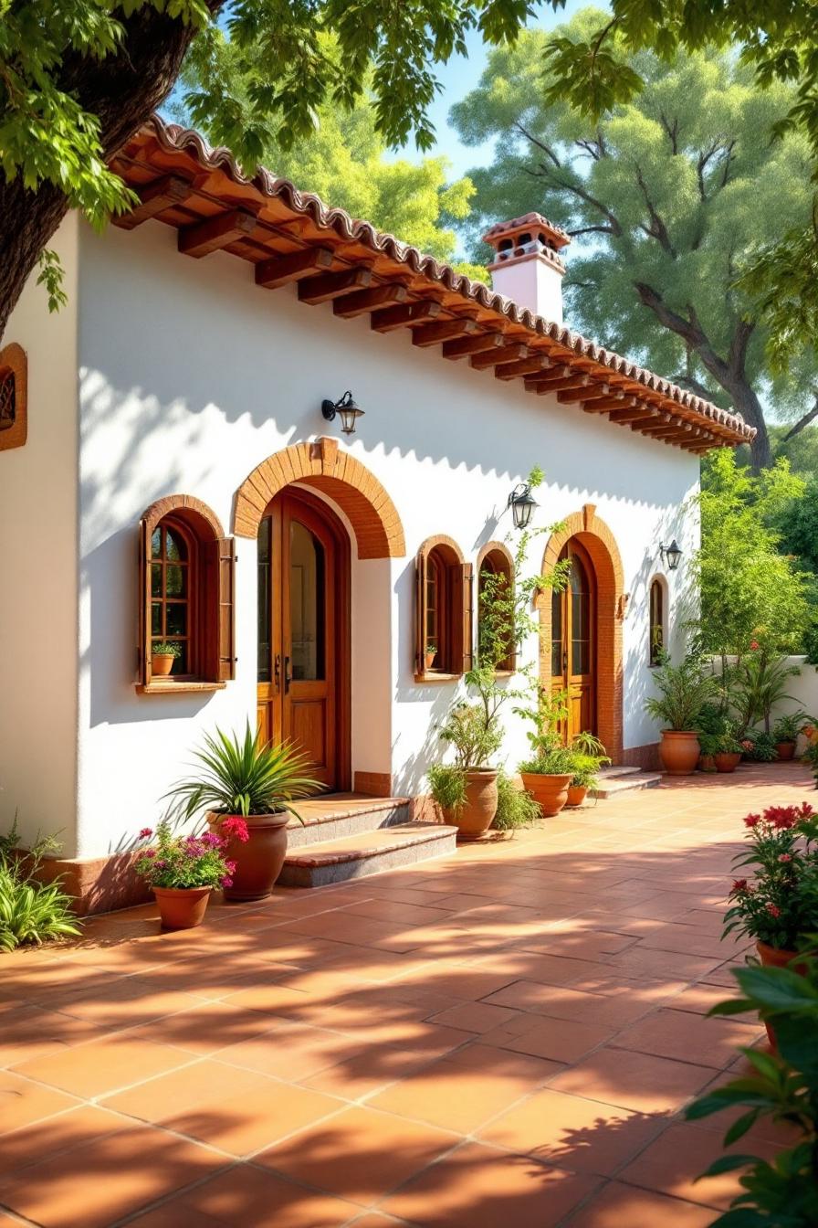 White villa with arched doors and terracotta tiles