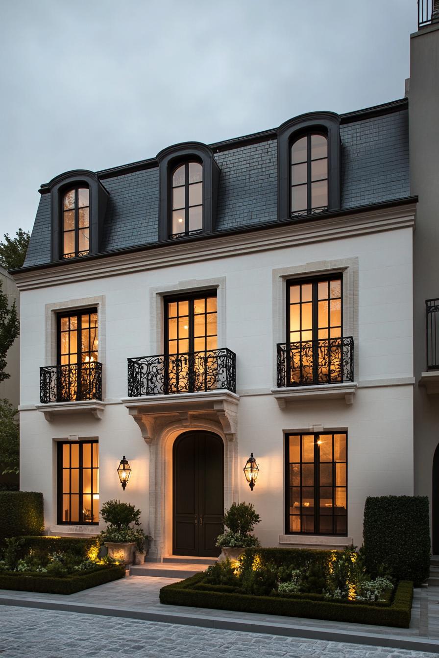 Charming three-story French home with warm, inviting lights