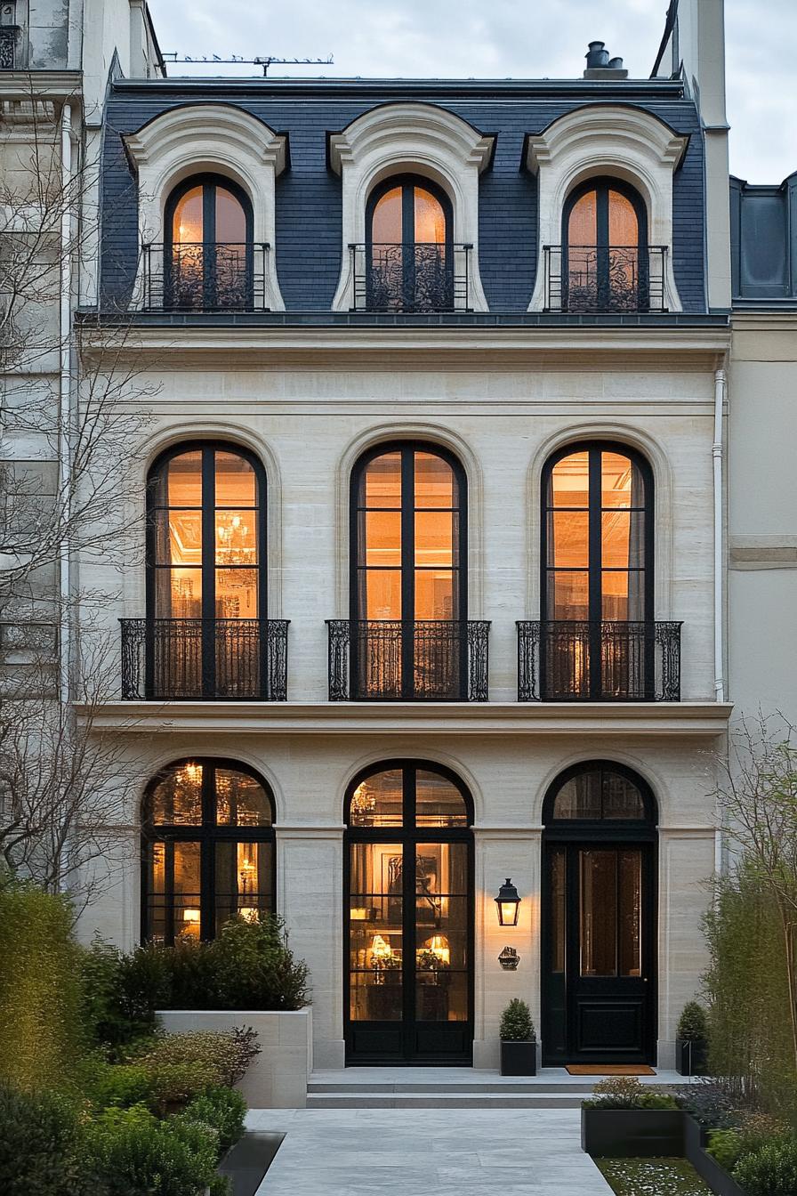 Chic French townhouse with glowing windows