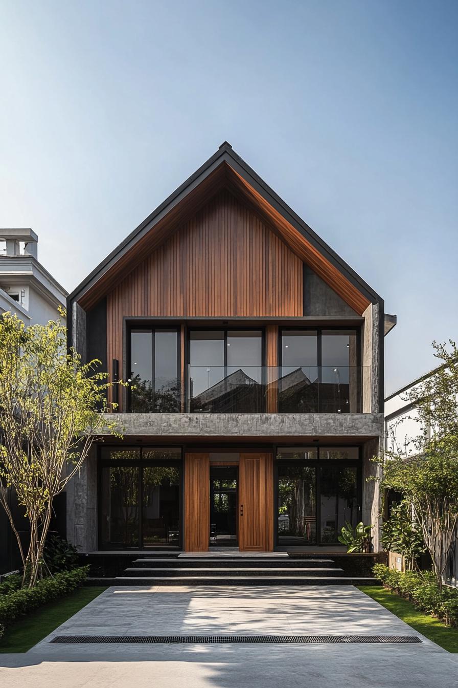 Modern house with large wooden doors and glass facade