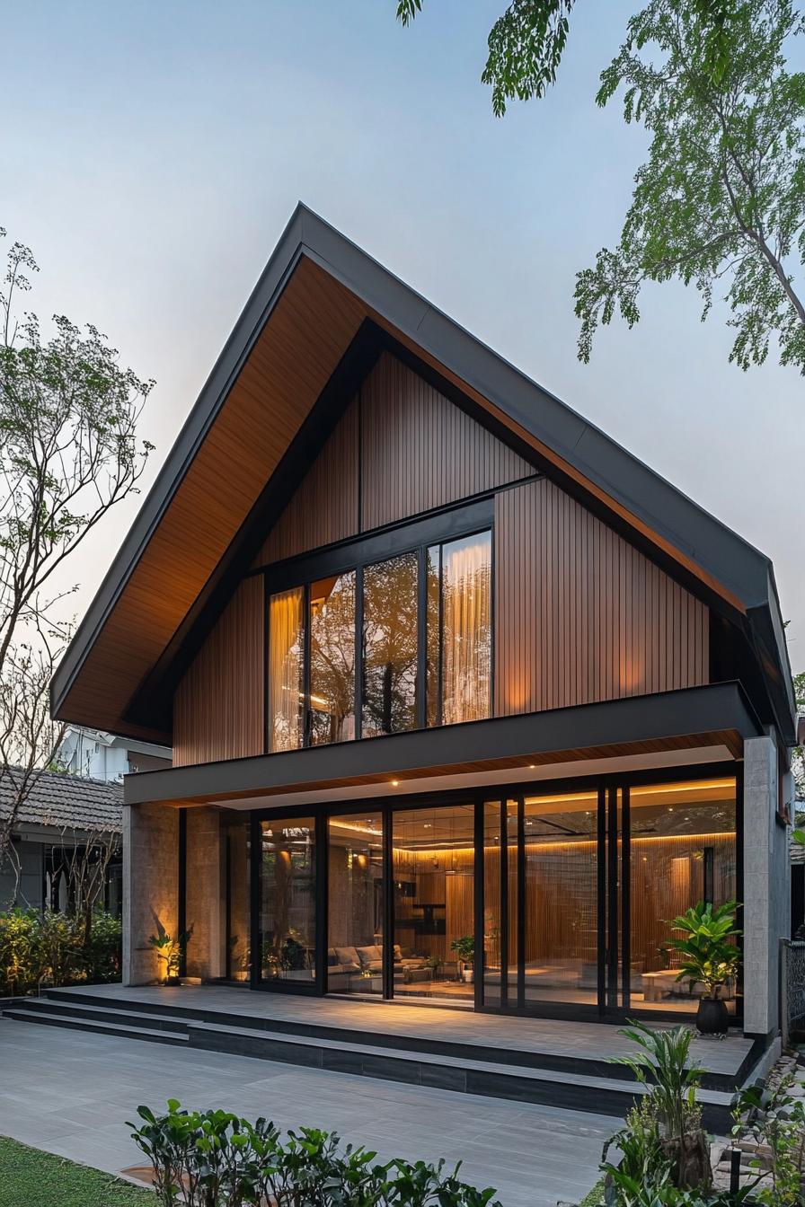 Modern Thai house with large windows and a triangular roof