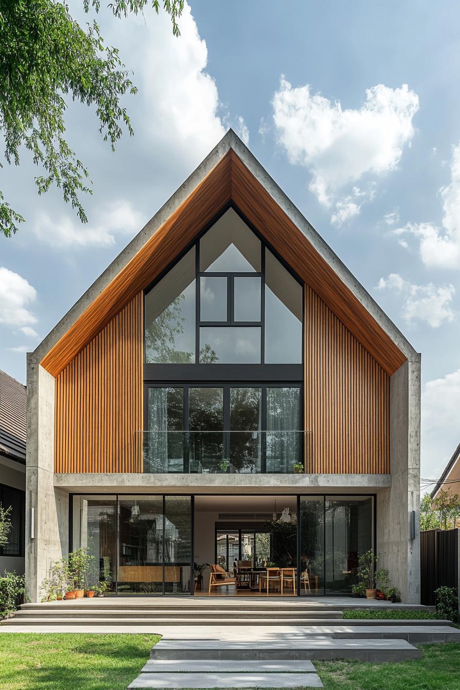 Modern Thai house with large glass windows and a peaked roof