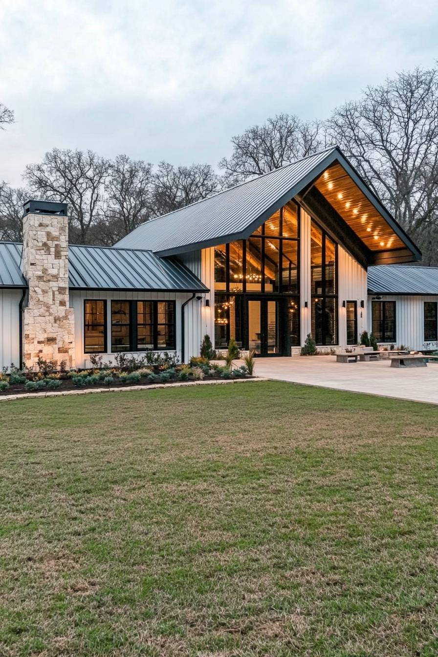 Stylish barndominium with glass facade and stone chimney