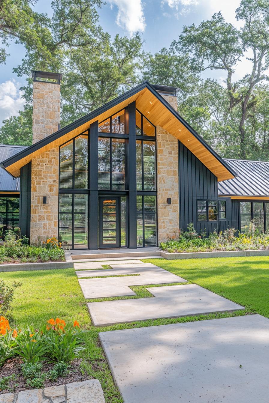 Modern barndominium with glass facade and stone accents