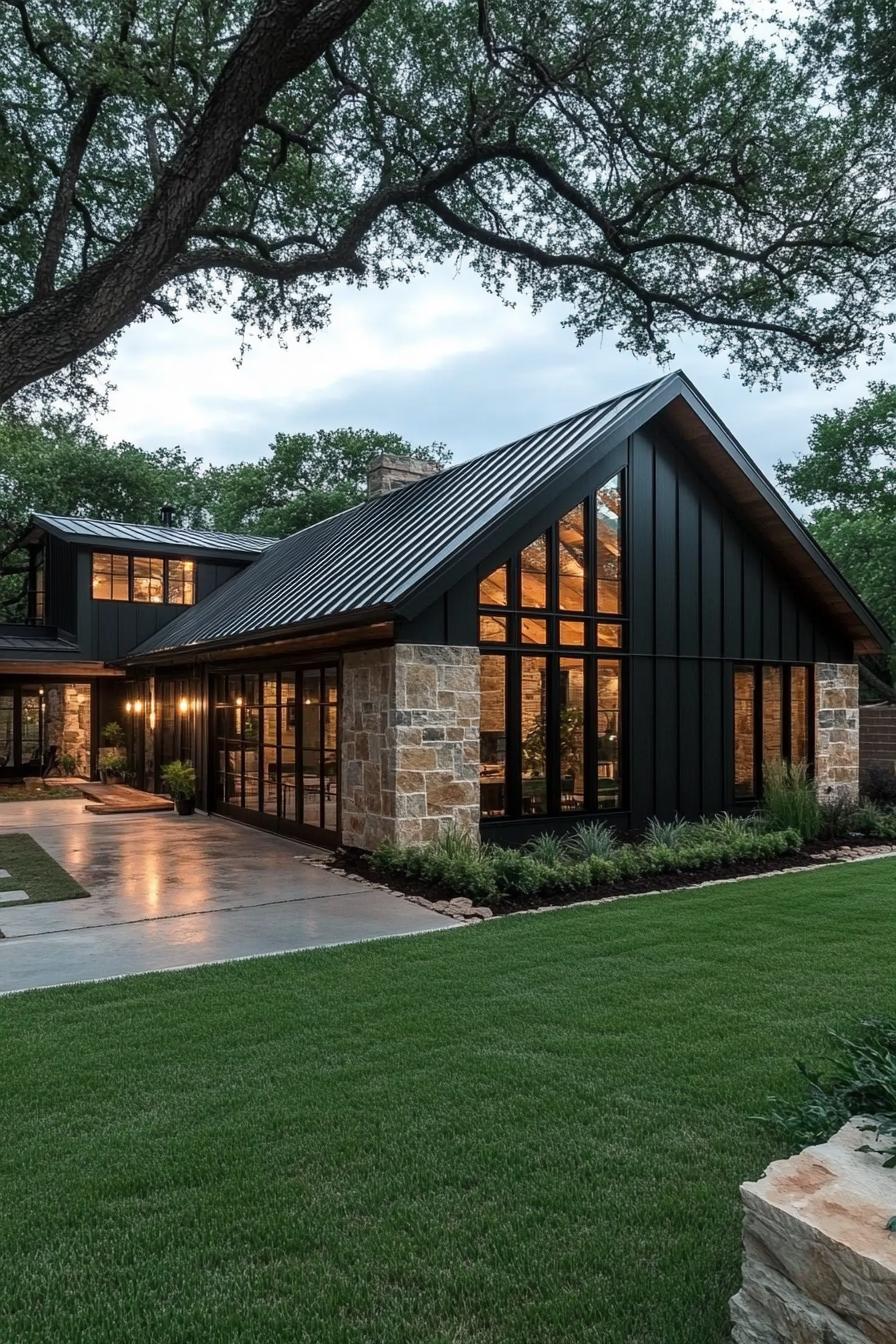 Modern barndominium with large windows and stone accents surrounded by trees