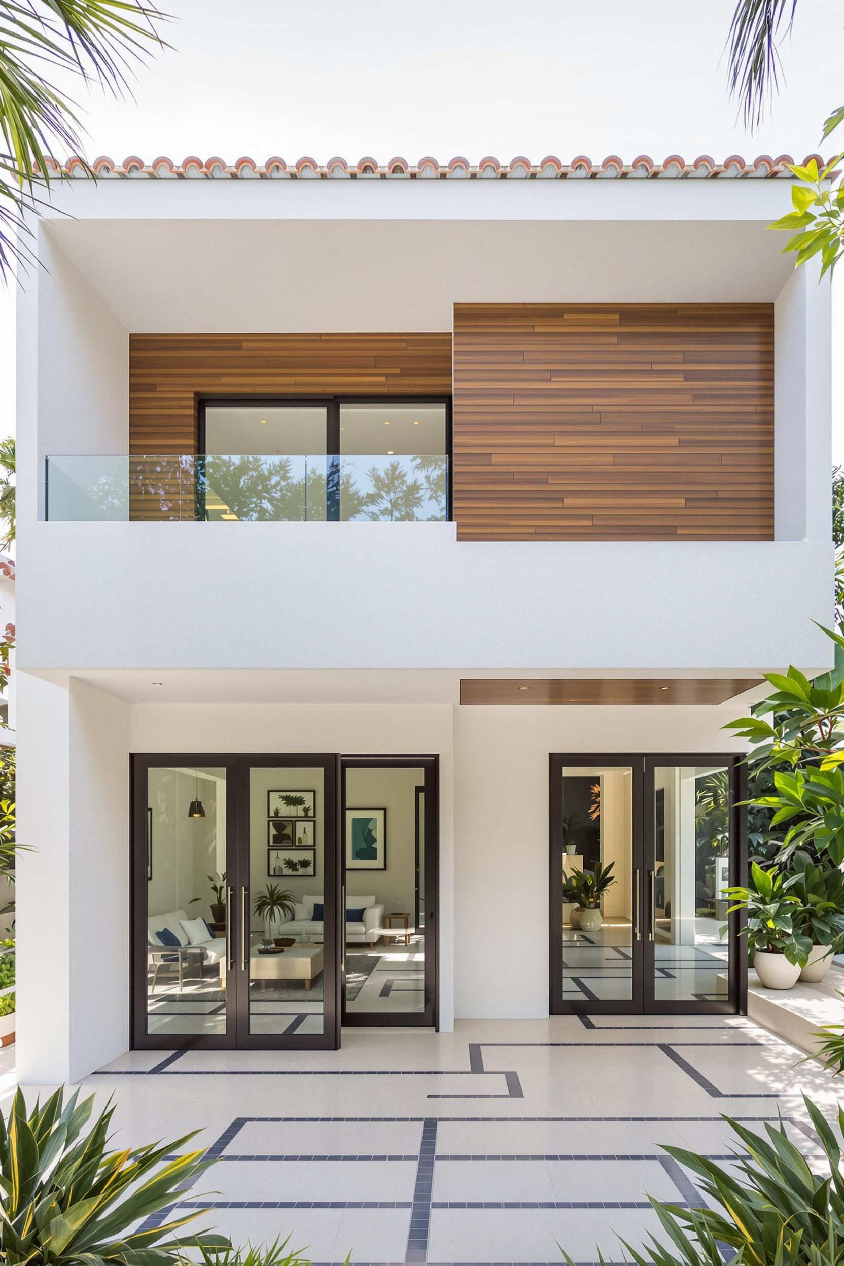 Modern beach house with a minimalist design featuring glass doors and wooden accents