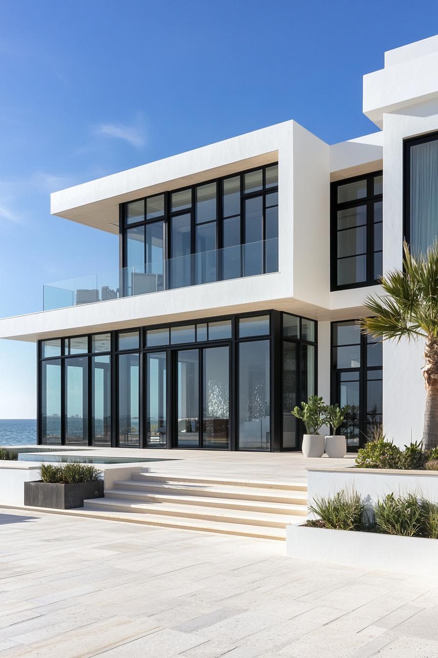 Modern beach house with large glass windows and sleek design