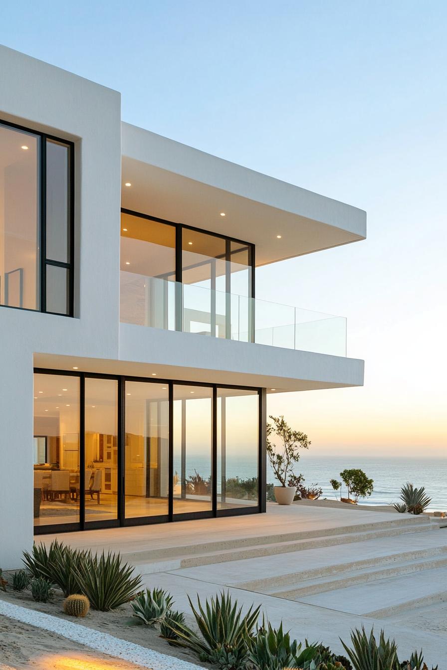 Modern beach house with a minimalist two story facade predominantly white with vertical and horizontal lines. Rectangular structure with clean 2