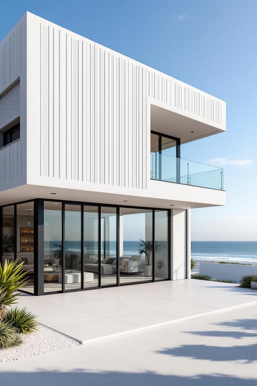 Modern beach house with glass panels overlooking the sea