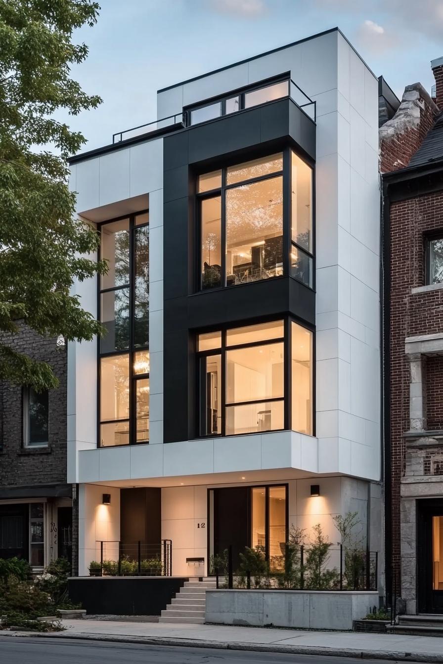 Contemporary multi-story home with large windows and sleek design