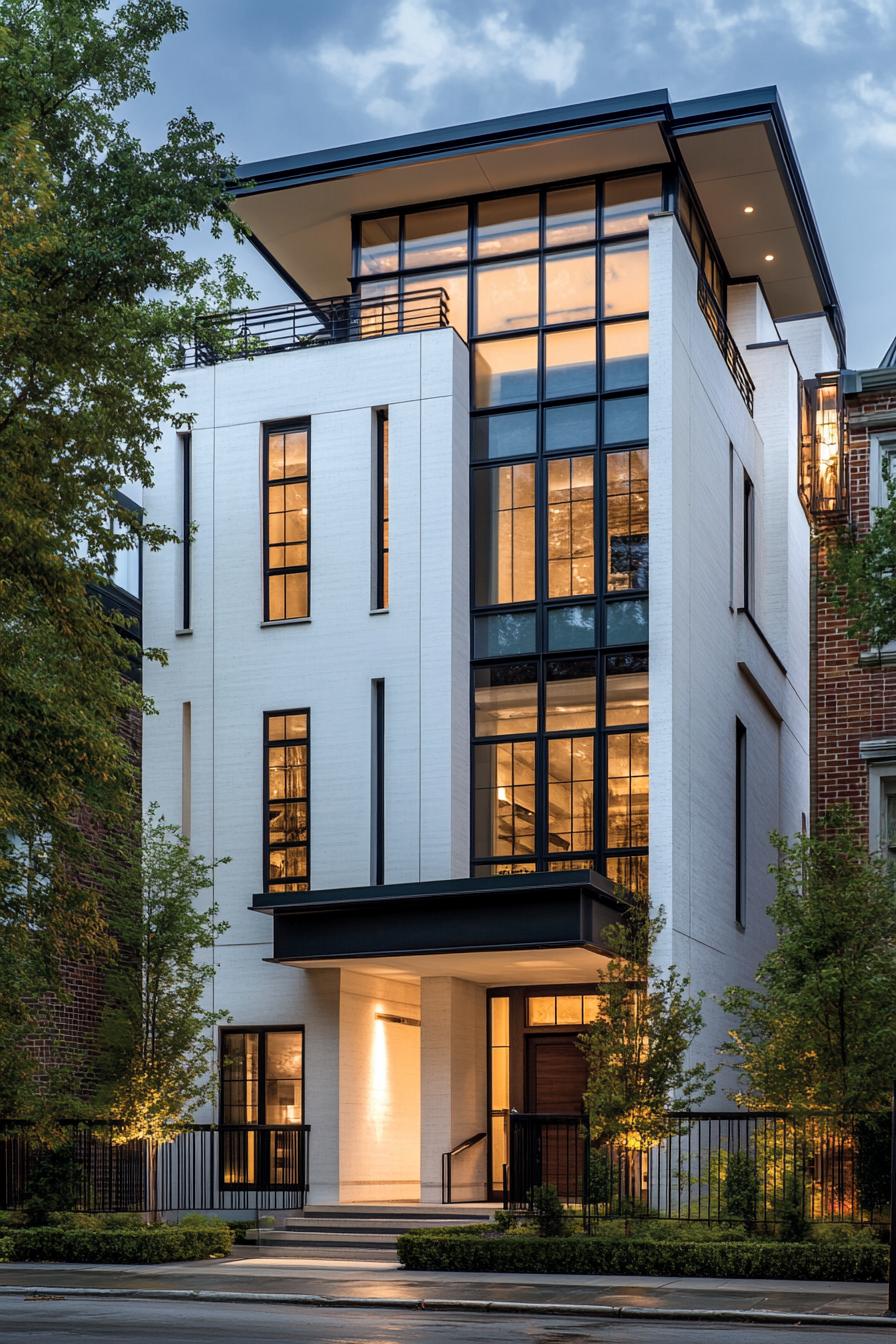 Stylish white building with large windows and black accents