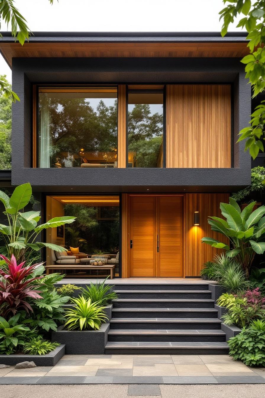 Modern tropical house with lush greenery and wooden accents