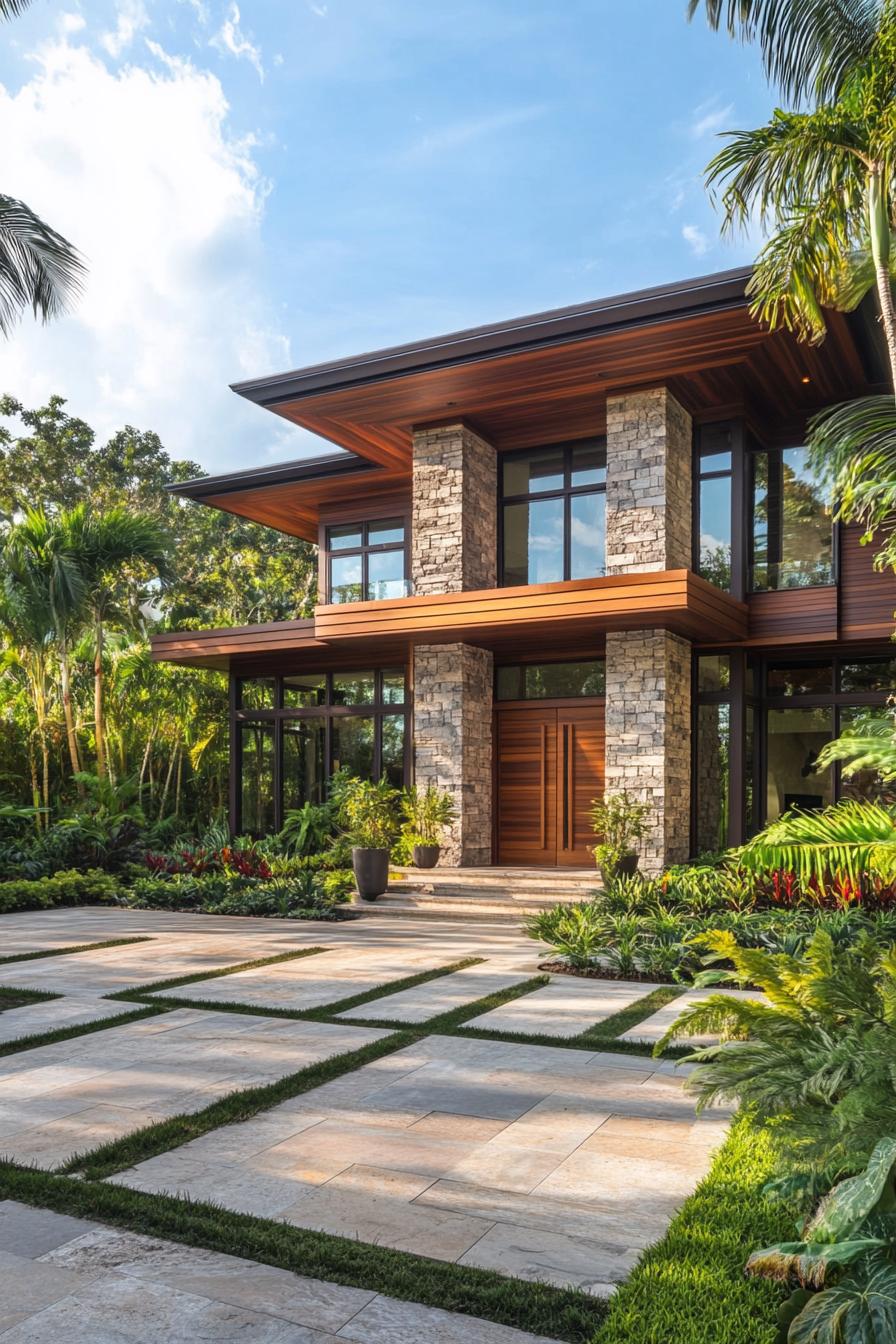 Tropical house with wood and stone facade surrounded by lush greenery