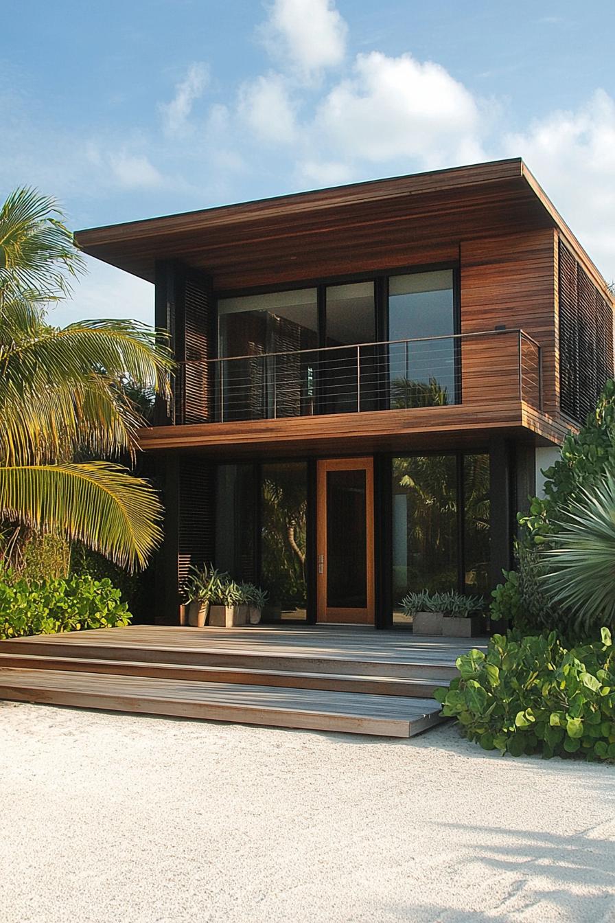 Modern two-story wooden beachfront house with a balcony