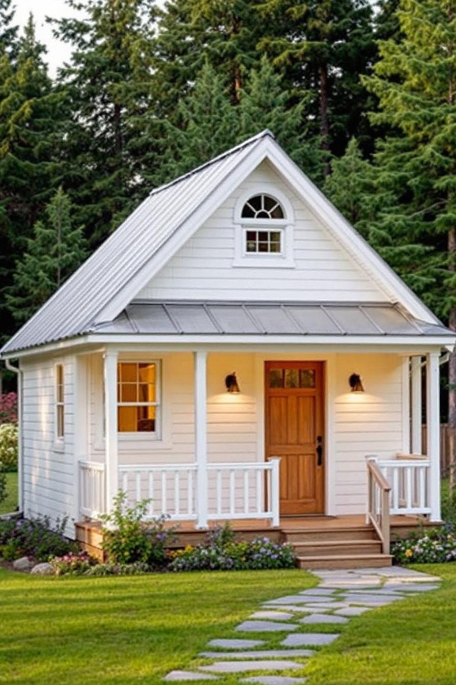 Cozy white cottage with a wooden door and porch in a forest setting