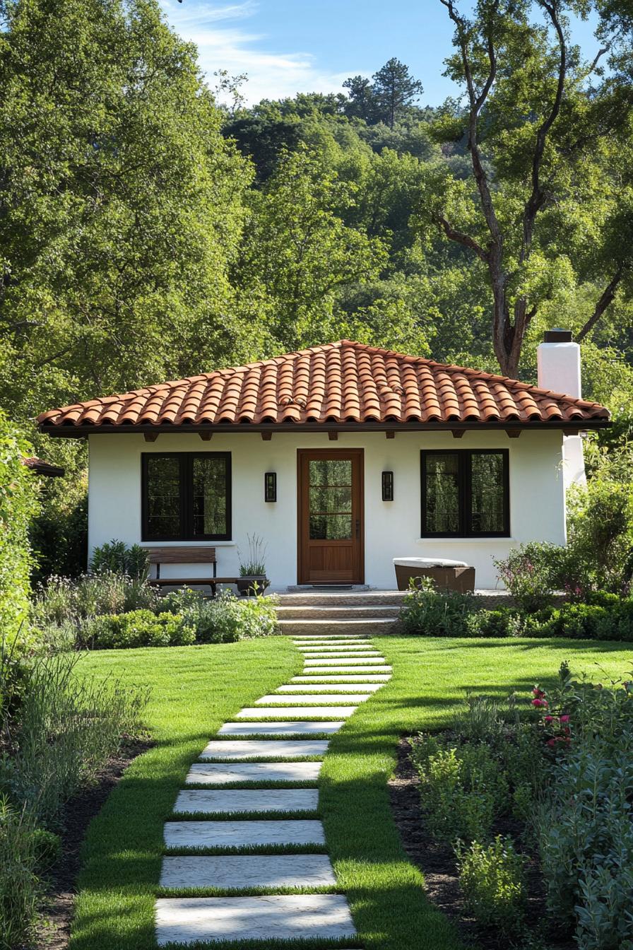 White cottage with red-tiled roof and green garden