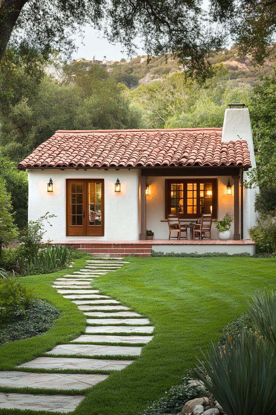 Cozy village cottage with red tile roof and lush garden