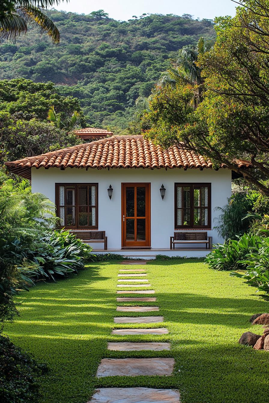 Small house with clay-tile roof surrounded by lush greenery